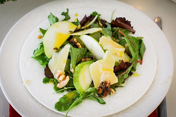 Pear Salad with Dried Cherry Vinaigrette and Macadamia Nut Medallions